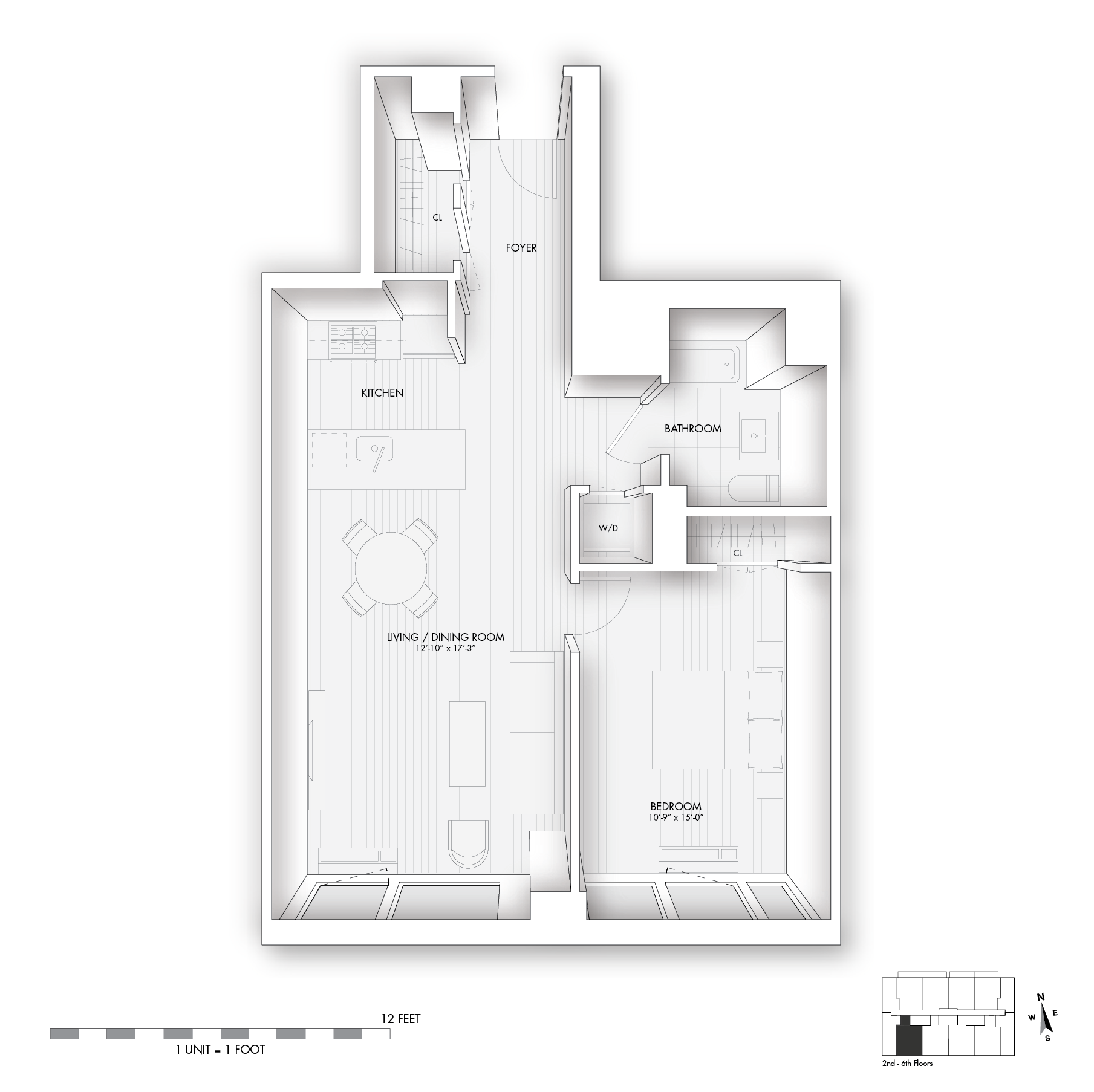 Floor plan for 1 bed, 1 bath, 748 sqft